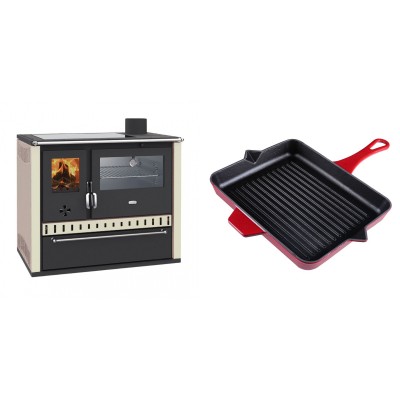 Set Küchenofen / Küchenhexe Prity GT, mit Edelstahl-Backofen, Glaskeramik-Kochfeld und Schublade, 15 kW + Emaillierte grillpfanne Gusseisen Solagio, Rubin, 26x32cm - Kaminofen - Holzofen mit Backfach
