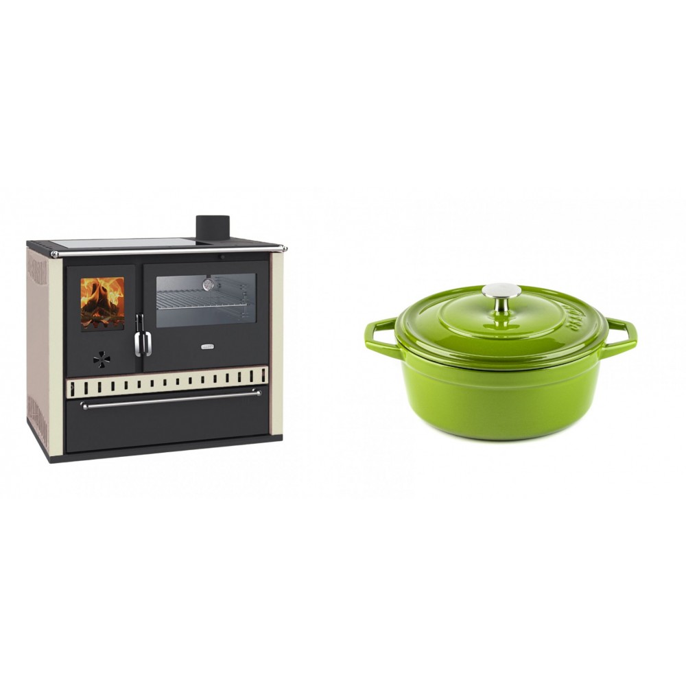 Set Küchenofen / Küchenhexe Prity GT, mit Edelstahl-Backofen, Glaskeramik-Kochfeld und Schublade, 15 kW + Gusseisen Topf Tiefer Solagio, Bamboo, Ф20