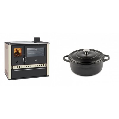 Set Küchenofen / Küchenhexe Prity GT, mit Edelstahl-Backofen, Glaskeramik-Kochfeld und Schublade, 15 kW + Gusseisen Topf Tiefer Solagio, Black Onyx, Ф20 - Kaminofen - Holzofen mit Backfach