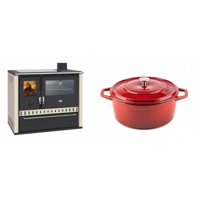 Set Küchenofen / Küchenhexe Prity GT, mit Edelstahl-Backofen, Glaskeramik-Kochfeld und Schublade, 15 kW + Gusseisen Topf Tiefer Solagio, Rubin, Ф24 - Kaminofen - Holzofen mit Backfach