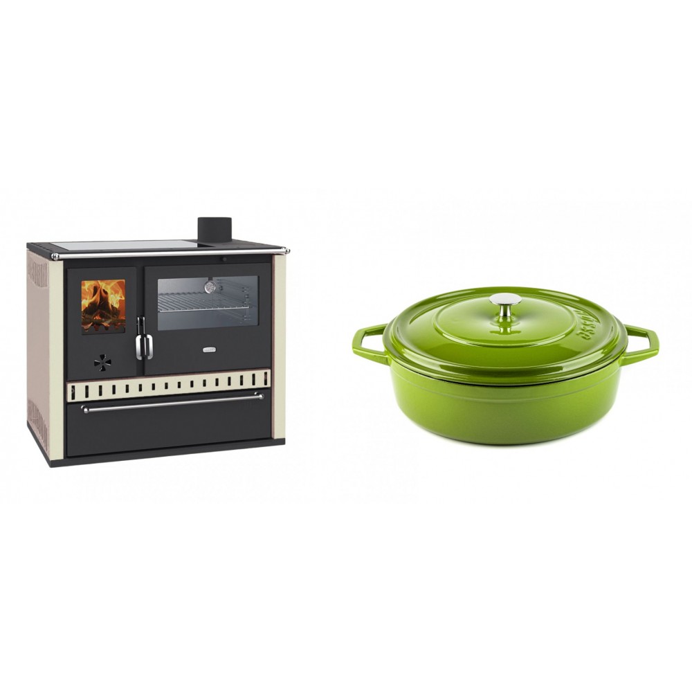 Set Küchenofen / Küchenhexe Prity GT, mit Edelstahl-Backofen, Glaskeramik-Kochfeld und Schublade, 15 kW + Gusseisen Topf Flach Solagio, Bamboo, Ф26