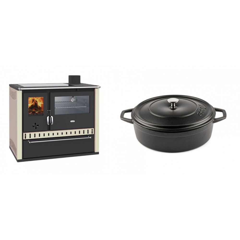 Set Küchenofen / Küchenhexe Prity GT, mit Edelstahl-Backofen, Glaskeramik-Kochfeld und Schublade, 15 kW + Gusseisen Topf Flach Solagio, Black Onyx, Ф26 | Kaminofen - Holzofen mit Backfach | Kaminofen |