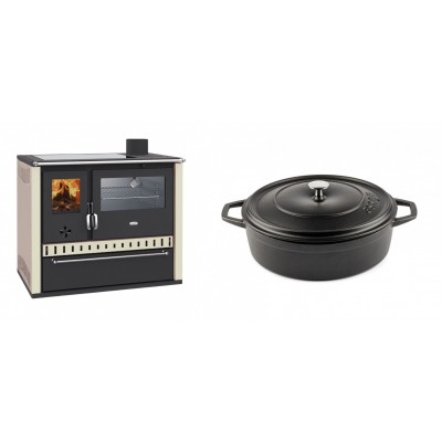 Set Küchenofen / Küchenhexe Prity GT, mit Edelstahl-Backofen, Glaskeramik-Kochfeld und Schublade, 15 kW + Gusseisen Topf Flach Solagio, Black Onyx, Ф26 - Kaminofen - Holzofen mit Backfach