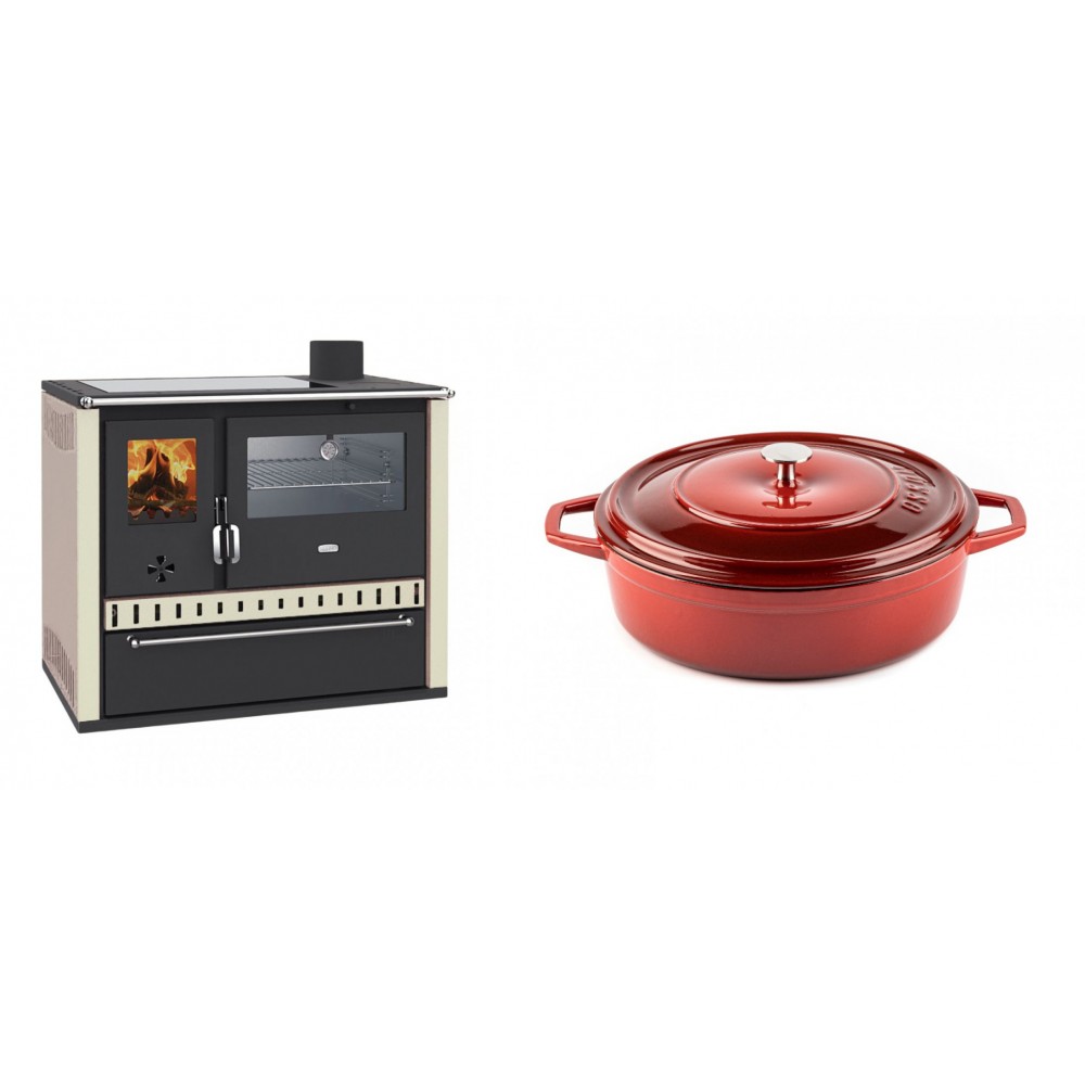 Set Küchenofen / Küchenhexe Prity GT, mit Edelstahl-Backofen, Glaskeramik-Kochfeld und Schublade, 15 kW + Gusseisen Topf Flach Solagio, Rubin, Ф26