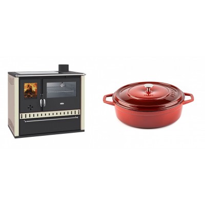 Set Küchenofen / Küchenhexe Prity GT, mit Edelstahl-Backofen, Glaskeramik-Kochfeld und Schublade, 15 kW + Gusseisen Topf Flach Solagio, Rubin, Ф26 - Kaminofen - Holzofen mit Backfach