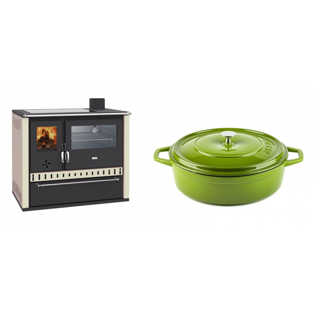 Set Küchenofen / Küchenhexe Prity GT, mit Edelstahl-Backofen, Glaskeramik-Kochfeld und Schublade, 15 kW + Gusseisen Topf Flach Solagio, Bamboo, Ф28 | Kaminofen - Holzofen mit Backfach | Kaminofen |