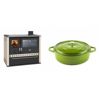 Set Küchenofen / Küchenhexe Prity GT, mit Edelstahl-Backofen, Glaskeramik-Kochfeld und Schublade, 15 kW + Gusseisen Topf Flach Solagio, Bamboo, Ф28 - Kaminofen - Holzofen mit Backfach