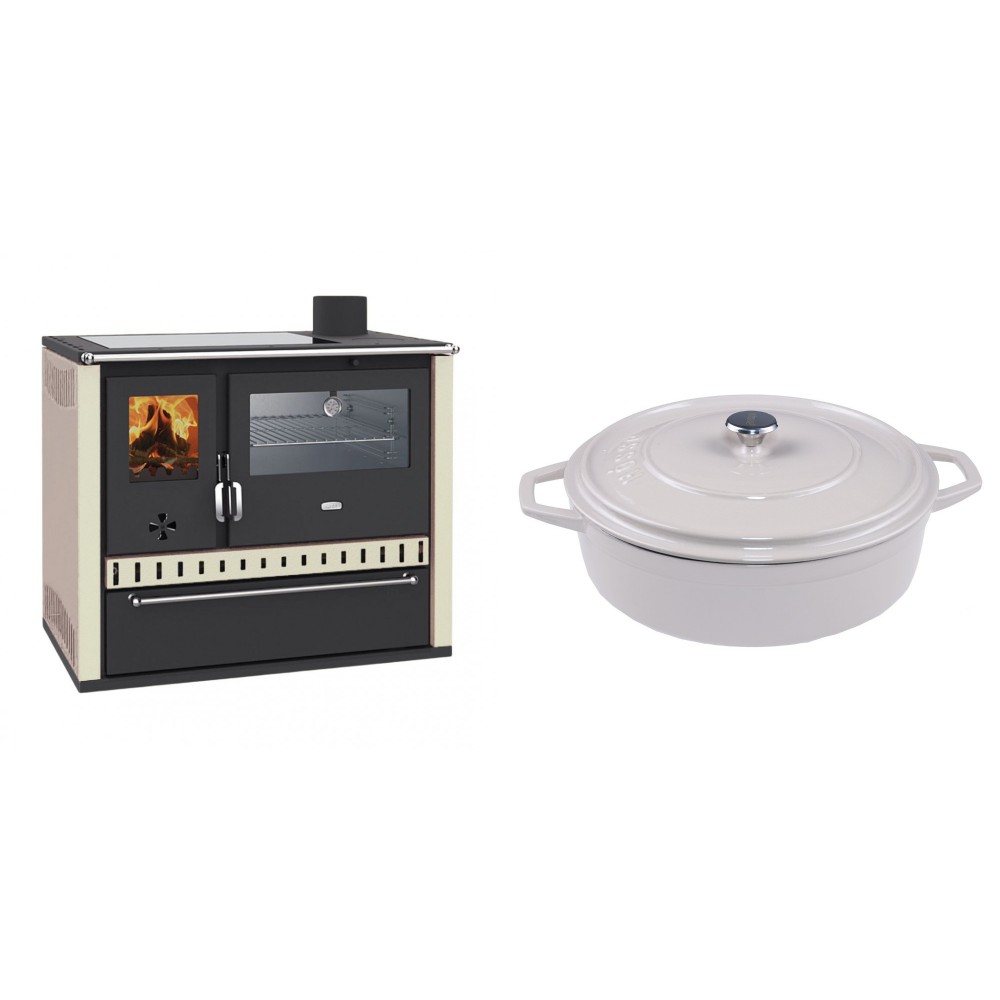 Set Küchenofen / Küchenhexe Prity GT, mit Edelstahl-Backofen, Glaskeramik-Kochfeld und Schublade, 15 kW + Gusseisen Topf Flach Solagio, Ivory, Ф28