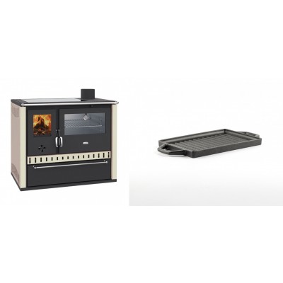 Set Küchenofen / Küchenhexe Prity GT, mit Edelstahl-Backofen, Glaskeramik-Kochfeld und Schublade, 15 kW + Mini-Grillplatte aus Gusseisen Solagio, 15.5x22.5cm - Kaminofen - Holzofen mit Backfach