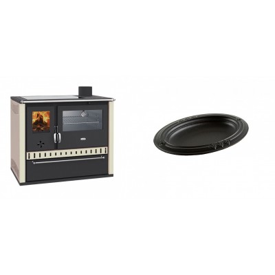 Set Küchenofen / Küchenhexe Prity GT, mit Edelstahl-Backofen, Glaskeramik-Kochfeld und Schublade, 15 kW + Gusseiserne auflaufform Solagio oval, 25x33cm - Kaminofen - Holzofen mit Backfach