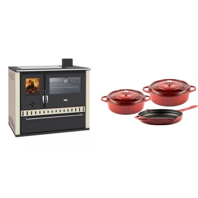 Set Küchenofen / Küchenhexe Prity GT, mit Edelstahl-Backofen, Glaskeramik-Kochfeld und Schublade, 15 kW + Gusseisen Topf Set aus 3 teilen Solagio, Rubin - Kaminofen - Holzofen mit Backfach