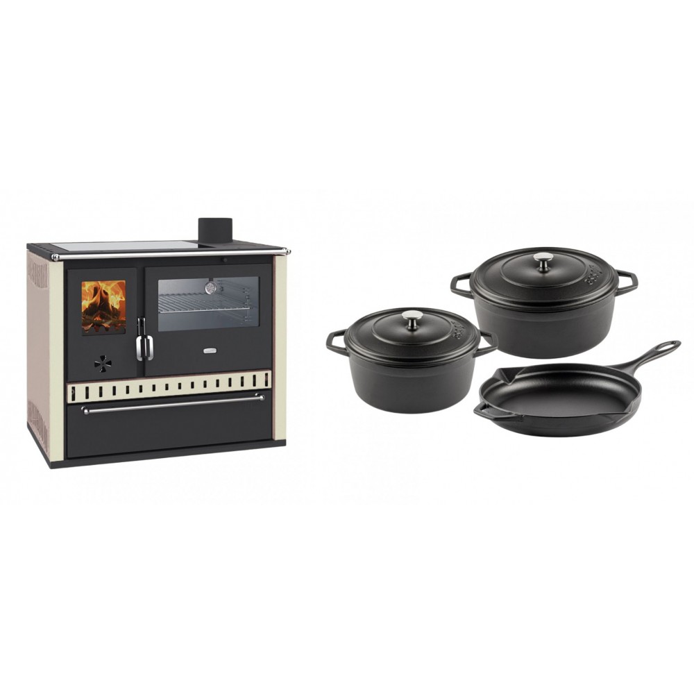 Set Küchenofen / Küchenhexe Prity GT, mit Edelstahl-Backofen, Glaskeramik-Kochfeld und Schublade, 15 kW + Gusseisen Topf Set aus 3 teilen Solagio, Black Onyx