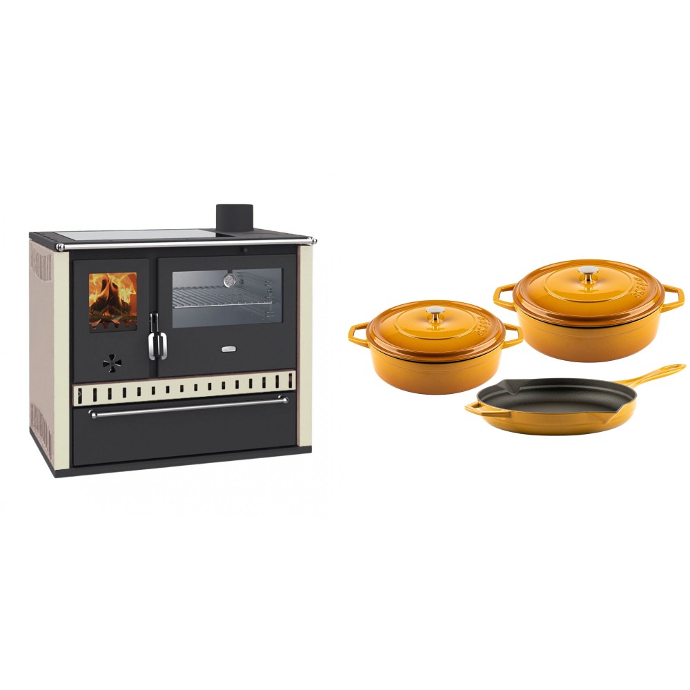 Set Küchenofen / Küchenhexe Prity GT, mit Edelstahl-Backofen, Glaskeramik-Kochfeld und Schublade, 15 kW + Gusseisen Topf Set aus 3 teilen Solagio, Dijon