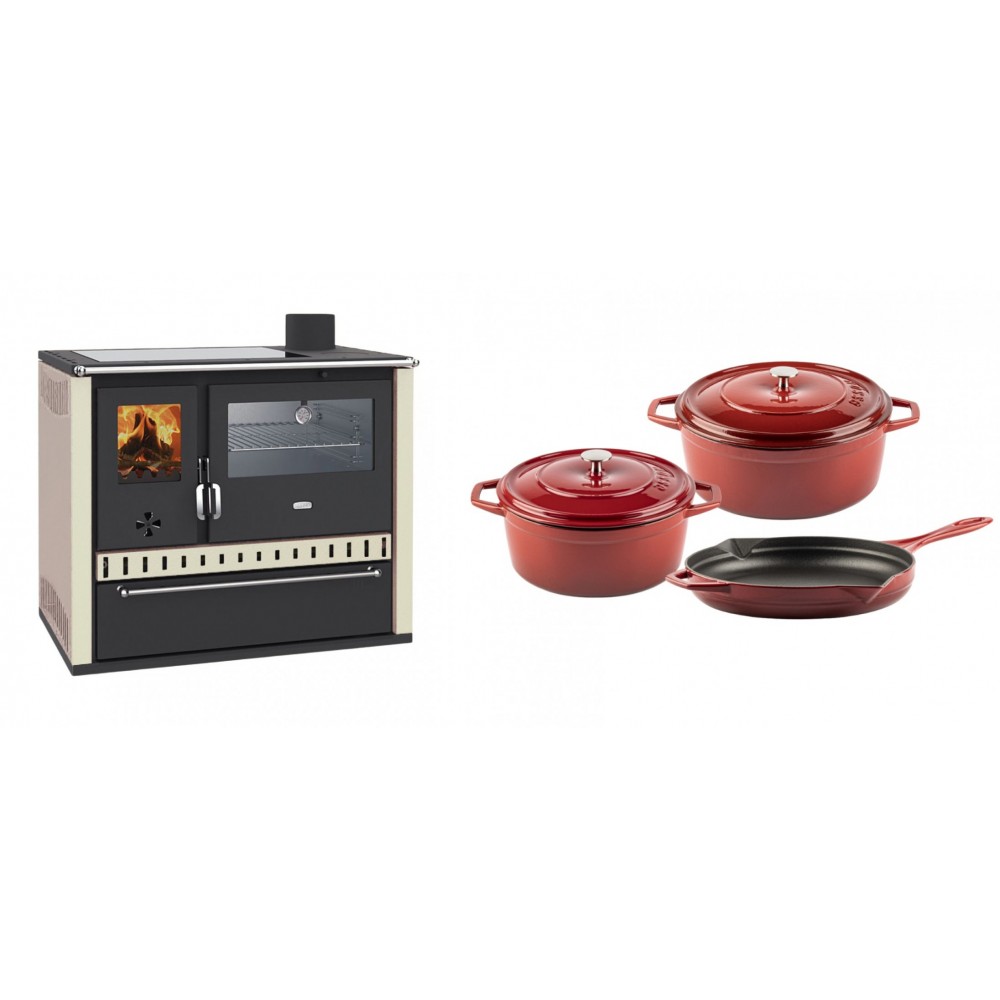 Set Küchenofen / Küchenhexe Prity GT, mit Edelstahl-Backofen, Glaskeramik-Kochfeld und Schublade, 15 kW + Gusseisen Topf Set aus 3 teilen Solagio, Rubin