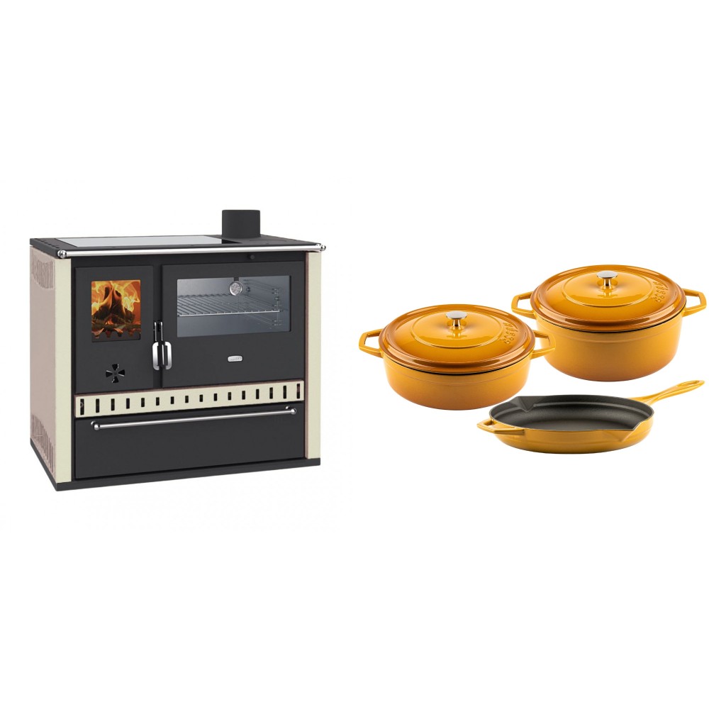 Set Küchenofen / Küchenhexe Prity GT, mit Edelstahl-Backofen, Glaskeramik-Kochfeld und Schublade, 15 kW + Gusseisen Topf Set aus 3 teilen Solagio, Dijon