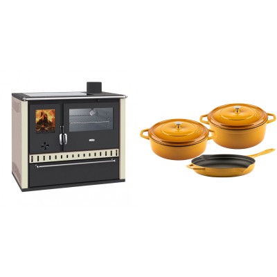 Set Küchenofen / Küchenhexe Prity GT, mit Edelstahl-Backofen, Glaskeramik-Kochfeld und Schublade, 15 kW + Gusseisen Topf Set aus 3 teilen Solagio, Dijon - Kaminofen - Holzofen mit Backfach