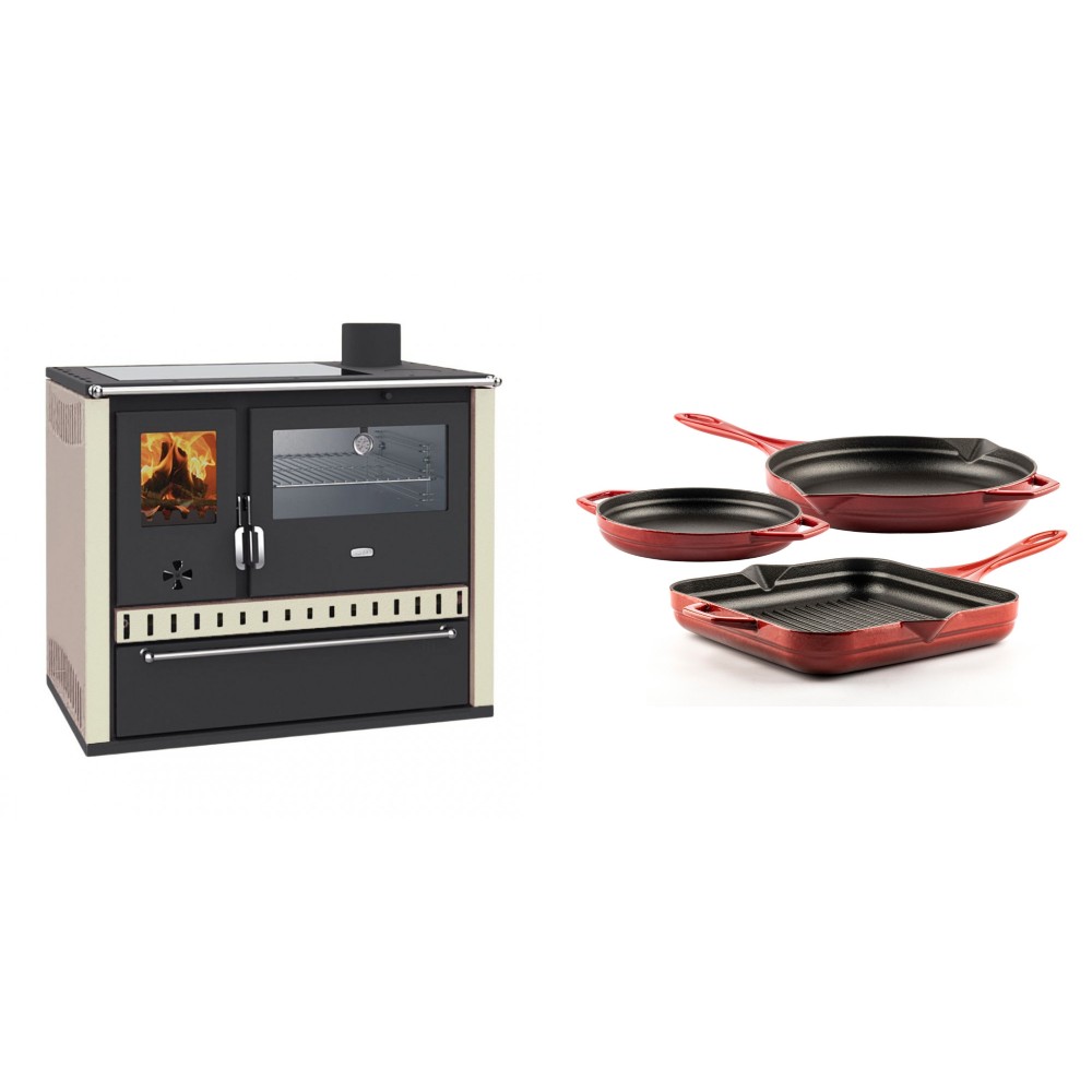 Set Küchenofen / Küchenhexe Prity GT, mit Edelstahl-Backofen, Glaskeramik-Kochfeld und Schublade, 15 kW + Gusseisen Topf Set aus 3 teilen Solagio, Rubin | Kaminofen - Holzofen mit Backfach | Kaminofen |