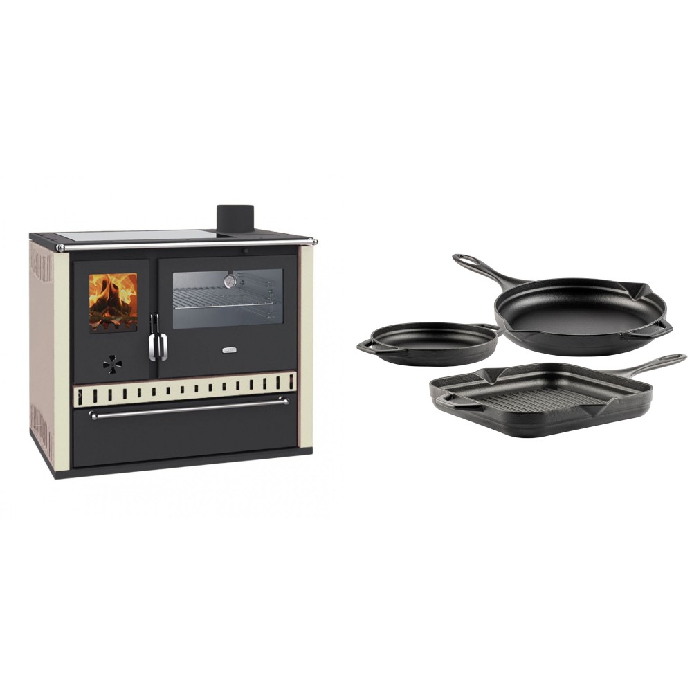 Set Küchenofen / Küchenhexe Prity GT, mit Edelstahl-Backofen, Glaskeramik-Kochfeld und Schublade, 15 kW + Gusseisen Topf Set aus 3 teilen Solagio, Black Onyx
