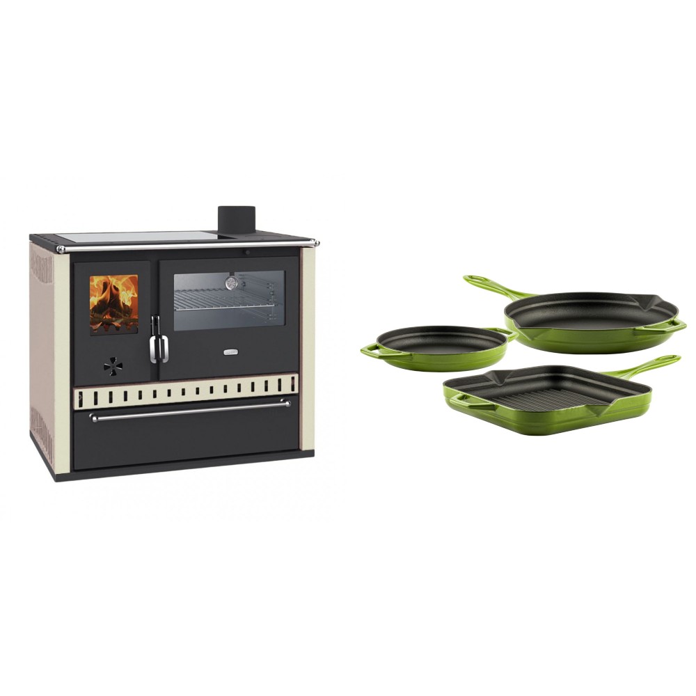 Set Küchenofen / Küchenhexe Prity GT, mit Edelstahl-Backofen, Glaskeramik-Kochfeld und Schublade, 15 kW + Gusseisen Topf Set aus 3 teilen Solagio, Bamboo