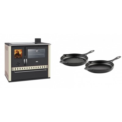 Set Küchenofen / Küchenhexe Prity GT, mit Edelstahl-Backofen, Glaskeramik-Kochfeld und Schublade, 15 kW + Gusseisen Topf Set aus 2 teilen Solagio, Black Onyx - Kaminofen - Holzofen mit Backfach