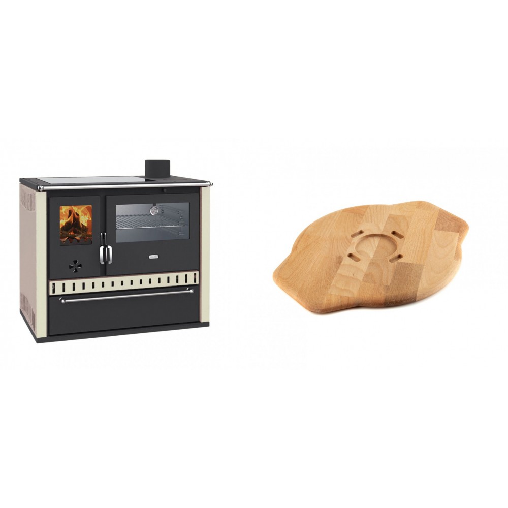 Set Küchenofen / Küchenhexe Prity GT, mit Edelstahl-Backofen, Glaskeramik-Kochfeld und Schublade, 15 kW + Holz untersetzer für Gusseisenplatte Solagio HSYSAK28