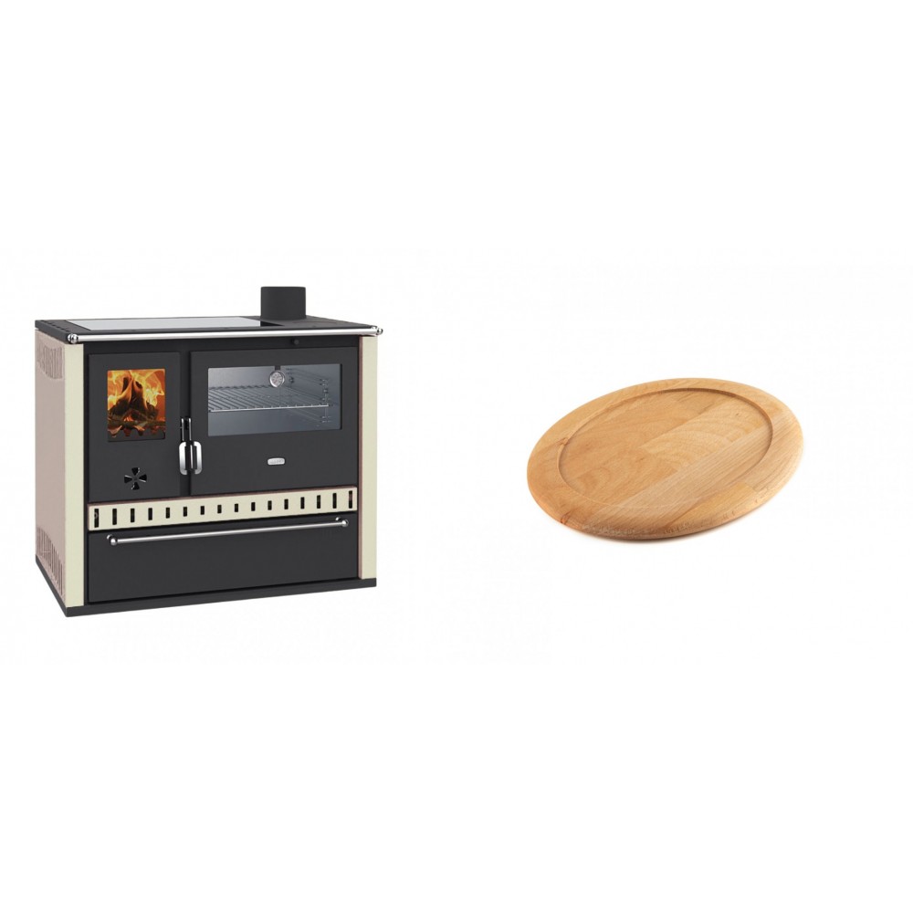 Set Küchenofen / Küchenhexe Prity GT, mit Edelstahl-Backofen, Glaskeramik-Kochfeld und Schublade, 15 kW + Holz untersetzer für ovale gusseisenpfanne Solagio HSFT1825 | Kaminofen - Holzofen mit Backfach | Kaminofen |