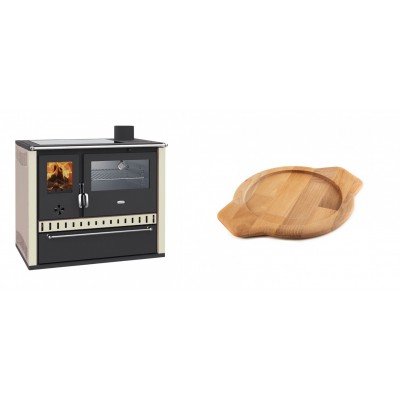 Set Küchenofen / Küchenhexe Prity GT, mit Edelstahl-Backofen, Glaskeramik-Kochfeld und Schublade, 15 kW + Holz untersetzer für gusseisenschüssel Solagio HSYKTV22 - Kaminofen - Holzofen mit Backfach