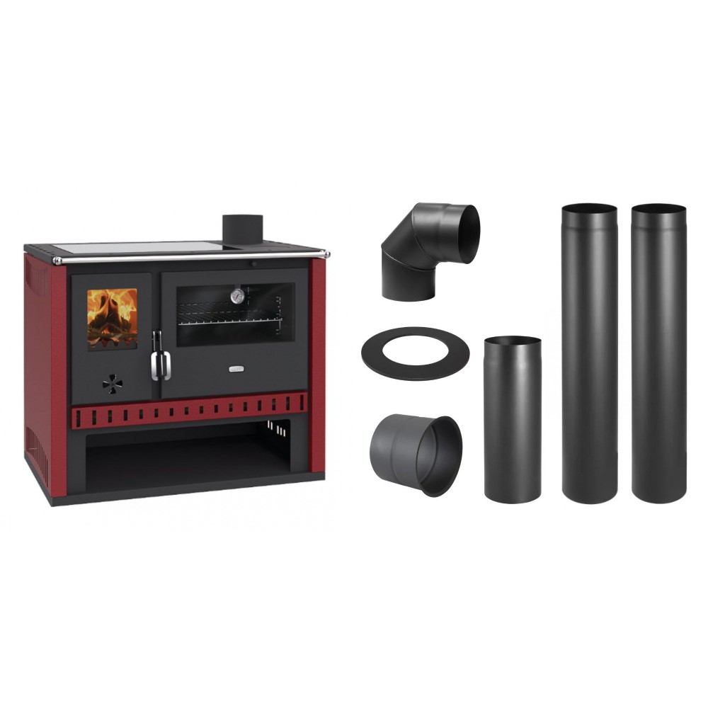 Set Küchenofen / Küchenhexe Prity GT Rot, mit Glaskeramik-Kochfeld, Leistung 15 kW + Schornstein Bausatz PARKANEX, Stahl Ø150, Dicke 2mm | Kaminofen - Holzofen mit Backfach | Kaminofen |