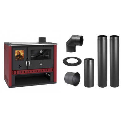 Set Küchenofen / Küchenhexe Prity GT Rot, mit Glaskeramik-Kochfeld, Leistung 15 kW + Schornstein Bausatz PARKANEX, Stahl Ø150, Dicke 2mm - Kaminofen - Holzofen mit Backfach