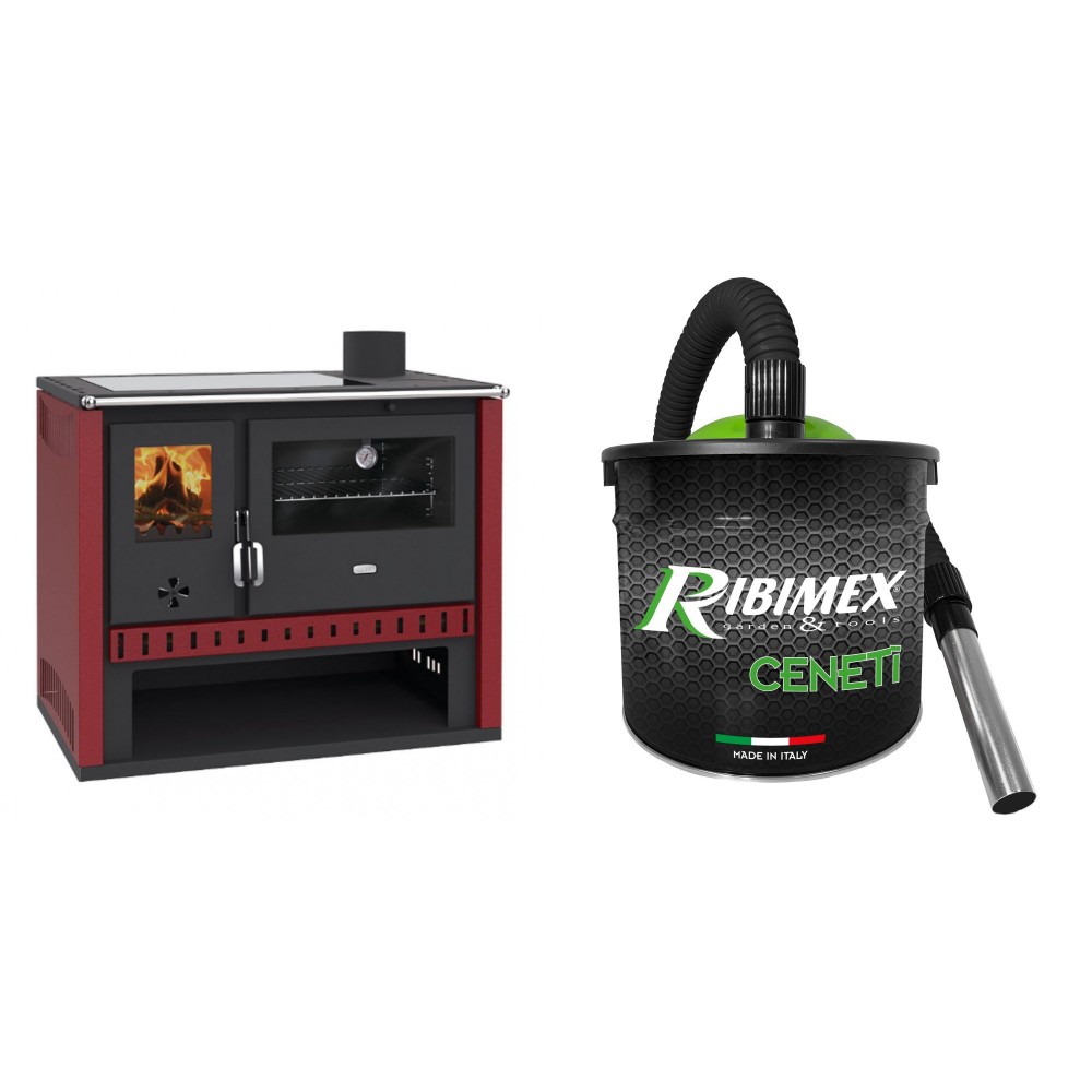 Set Küchenofen / Küchenhexe Prity GT Rot, mit Glaskeramik-Kochfeld, Leistung 15 kW + Elektrischer Aschesauger Ribimex, Modell Cenetì, Fassungsvermögen 15 L | Kaminofen - Holzofen mit Backfach | Prity |