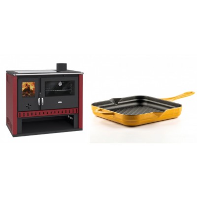 Set Küchenofen / Küchenhexe Prity GT Rot, mit Glaskeramik-Kochfeld, Leistung 15 kW + Emaillierte grillpfanne Gusseisen Solagio, Dijon, 28х28cm - Kaminofen - Holzofen mit Backfach