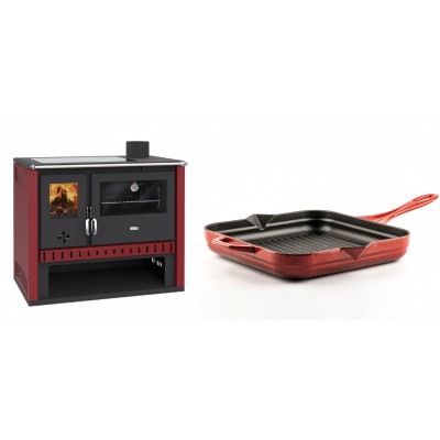 Set Küchenofen / Küchenhexe Prity GT Rot, mit Glaskeramik-Kochfeld, Leistung 15 kW + Emaillierte grillpfanne Gusseisen Solagio, Rubin, 28x28cm - Kaminofen - Holzofen mit Backfach