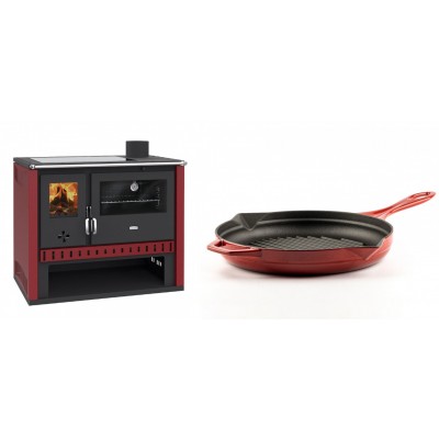 Set Küchenofen / Küchenhexe Prity GT Rot, mit Glaskeramik-Kochfeld, Leistung 15 kW + Emaillierte grillpfanne Gusseisen Solagio, Rubin, Ф28cm - Kaminofen - Holzofen mit Backfach