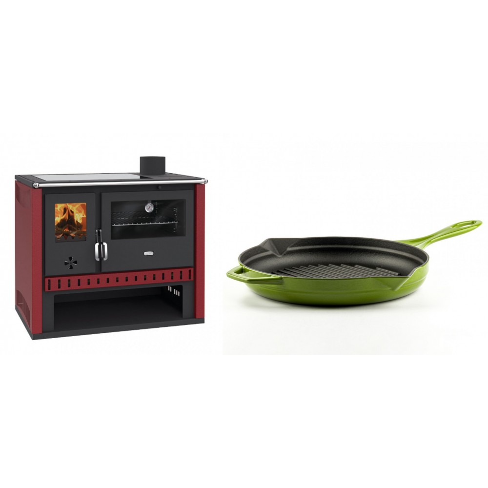 Set Küchenofen / Küchenhexe Prity GT Rot, mit Glaskeramik-Kochfeld, Leistung 15 kW + Emaillierte grillpfanne Gusseisen Solagio, Bamboo, Ф28cm