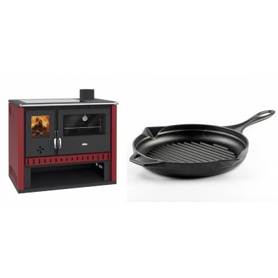Set Küchenofen / Küchenhexe Prity GT Rot, mit Glaskeramik-Kochfeld, Leistung 15 kW + Emaillierte grillpfanne Gusseisen Solagio, Black Onyx, Ф28cm - Kaminofen - Holzofen mit Backfach
