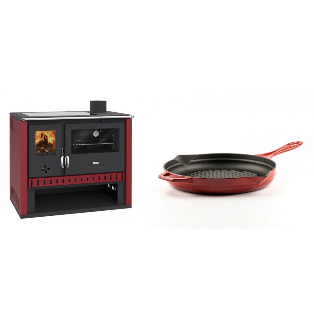 Set Küchenofen / Küchenhexe Prity GT Rot, mit Glaskeramik-Kochfeld, Leistung 15 kW + Emaillierte grillpfanne Gusseisen Solagio, Rubin, Ф24cm | Kaminofen - Holzofen mit Backfach | Kaminofen |