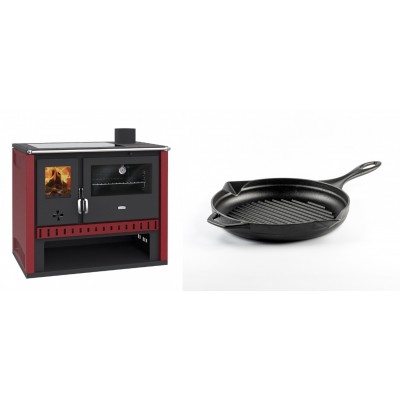 Set Küchenofen / Küchenhexe Prity GT Rot, mit Glaskeramik-Kochfeld, Leistung 15 kW + Emaillierte grillpfanne Gusseisen Solagio, Black Onyx, Ф24cm - Kaminofen - Holzofen mit Backfach