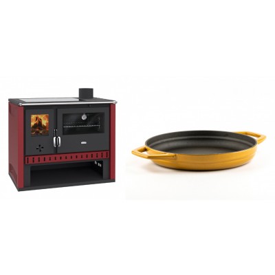 Set Küchenofen / Küchenhexe Prity GT Rot, mit Glaskeramik-Kochfeld, Leistung 15 kW + Emaillierte gusseisenpfanne mit zwei Griffen Solagio, Dijon, Ф22cm - Kaminofen - Holzofen mit Backfach