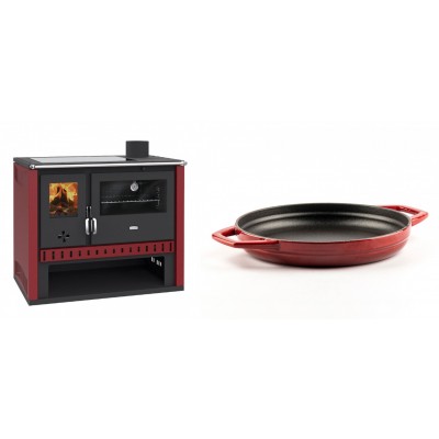 Set Küchenofen / Küchenhexe Prity GT Rot, mit Glaskeramik-Kochfeld, Leistung 15 kW + Emaillierte gusseisenpfanne mit zwei Griffen Solagio, Rubin, Ф22cm - Kaminofen - Holzofen mit Backfach