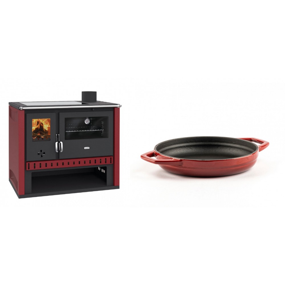 Set Küchenofen / Küchenhexe Prity GT Rot, mit Glaskeramik-Kochfeld, Leistung 15 kW + Emaillierte gusseisenpfanne mit zwei Griffen Solagio, Rubin, Ф19cm | Kaminofen - Holzofen mit Backfach | Kaminofen |