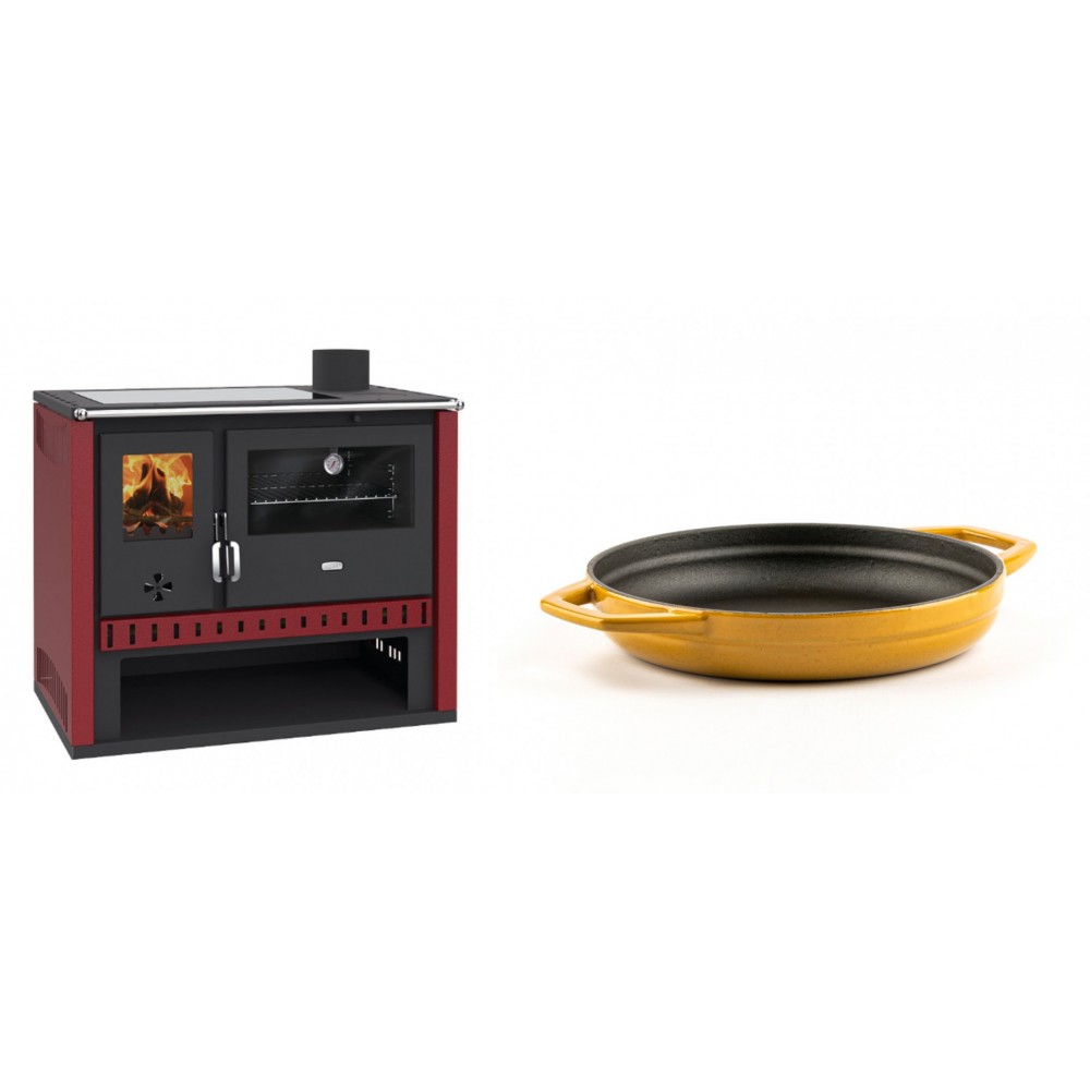 Set Küchenofen / Küchenhexe Prity GT Rot, mit Glaskeramik-Kochfeld, Leistung 15 kW + Emaillierte gusseisenpfanne mit zwei Griffen Solagio, Dijon, Ф19cm | Kaminofen - Holzofen mit Backfach | Kaminofen |