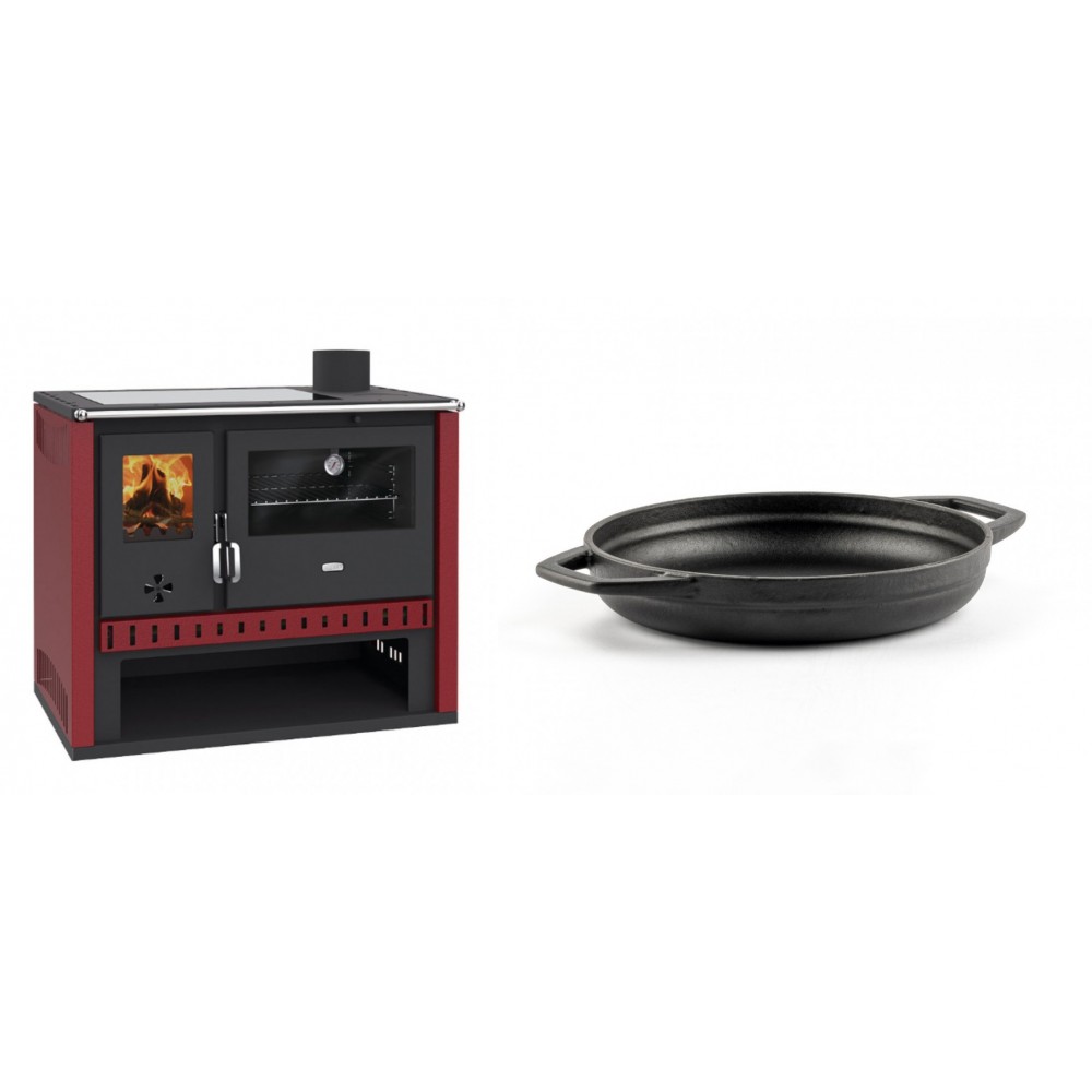 Set Küchenofen / Küchenhexe Prity GT Rot, mit Glaskeramik-Kochfeld, Leistung 15 kW + Emaillierte gusseisenpfanne mit zwei Griffen Solagio, Black Onyx, Ф19cm | Kaminofen - Holzofen mit Backfach | Kaminofen |