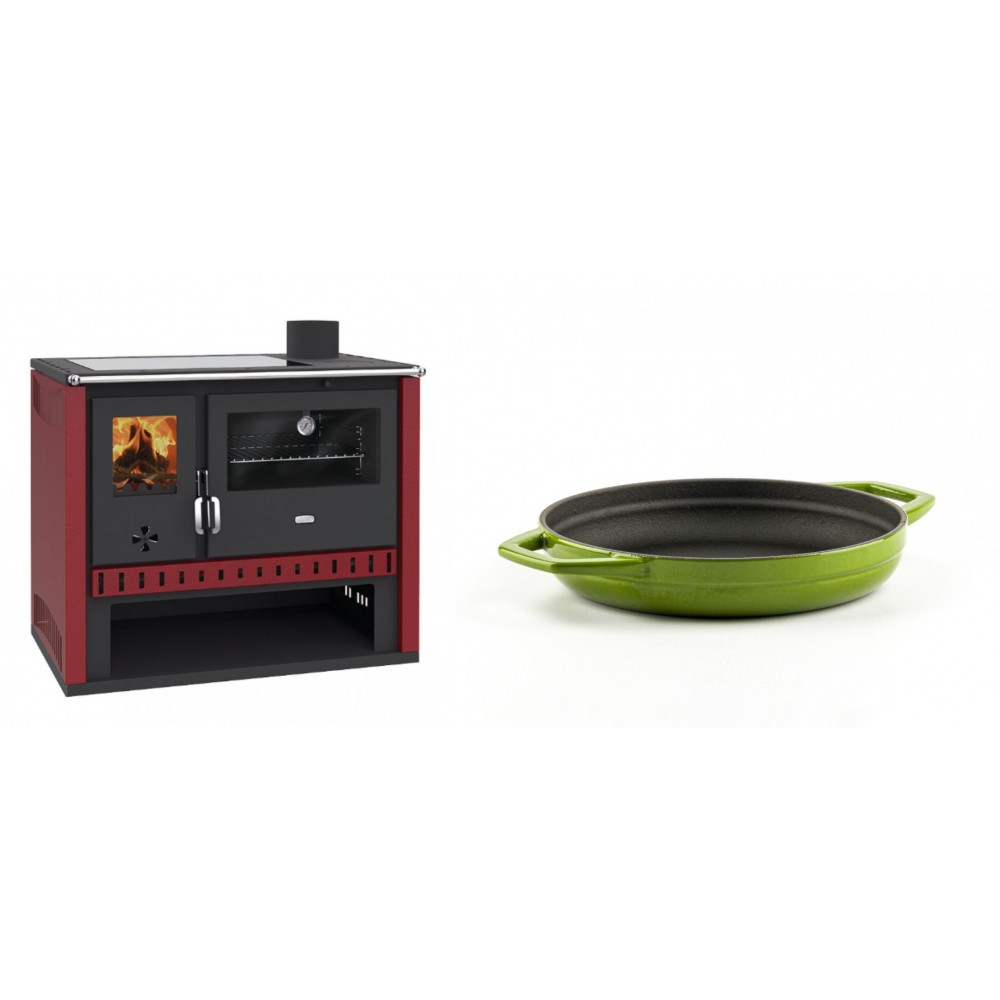 Set Küchenofen / Küchenhexe Prity GT Rot, mit Glaskeramik-Kochfeld, Leistung 15 kW + Emaillierte gusseisenpfanne mit zwei Griffen Solagio, Bamboo, Ф19cm | Kaminofen - Holzofen mit Backfach | Kaminofen |