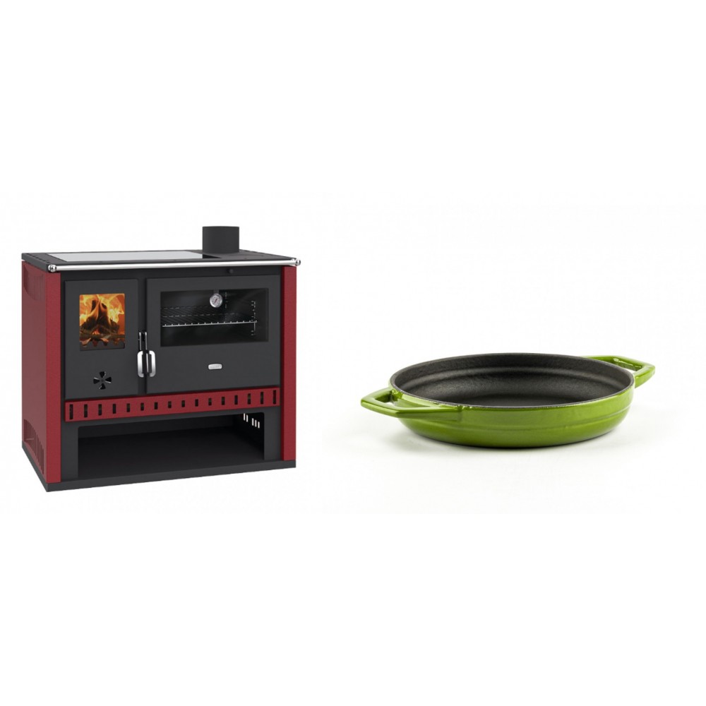 Set Küchenofen / Küchenhexe Prity GT Rot, mit Glaskeramik-Kochfeld, Leistung 15 kW + Emaillierte gusseisenpfanne mit zwei Griffen Solagio, Bamboo, Ф16cm