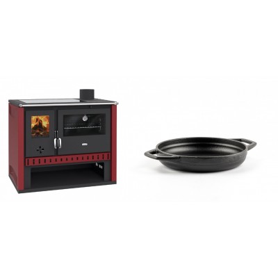 Set Küchenofen / Küchenhexe Prity GT Rot, mit Glaskeramik-Kochfeld, Leistung 15 kW + Emaillierte gusseisenpfanne mit zwei Griffen Solagio, Black Onyx, Ф16cm - Kaminofen - Holzofen mit Backfach