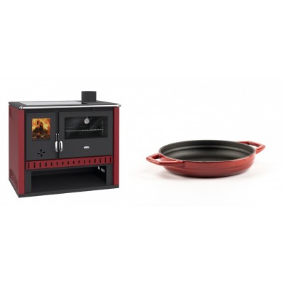 Set Küchenofen / Küchenhexe Prity GT Rot, mit Glaskeramik-Kochfeld, Leistung 15 kW + Emaillierte gusseisenpfanne mit zwei Griffen Solagio, Rubin, Ф16cm - Kaminofen - Holzofen mit Backfach