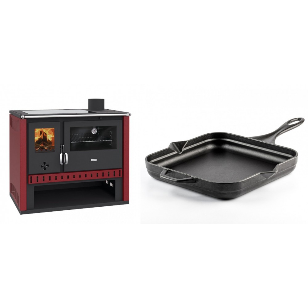 Set Küchenofen / Küchenhexe Prity GT Rot, mit Glaskeramik-Kochfeld, Leistung 15 kW + Emaillierte Gusseisenpfanne Solagio, Black Onyx, 28x28cm | Kaminofen - Holzofen mit Backfach | Kaminofen |