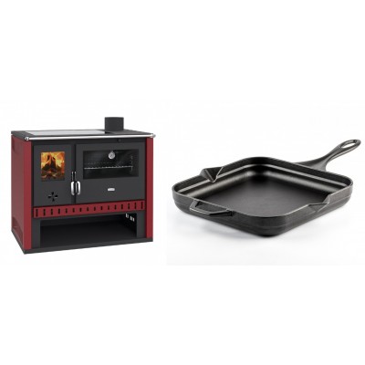 Set Küchenofen / Küchenhexe Prity GT Rot, mit Glaskeramik-Kochfeld, Leistung 15 kW + Emaillierte Gusseisenpfanne Solagio, Black Onyx, 28x28cm - Kaminofen - Holzofen mit Backfach