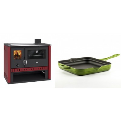 Set Küchenofen / Küchenhexe Prity GT Rot, mit Glaskeramik-Kochfeld, Leistung 15 kW + Emaillierte Gusseisenpfanne Solagio, Bamboo, 28x28cm - Kaminofen - Holzofen mit Backfach