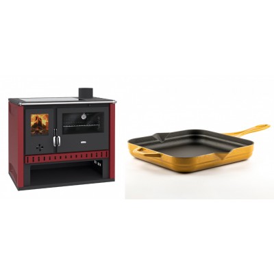 Set Küchenofen / Küchenhexe Prity GT Rot, mit Glaskeramik-Kochfeld, Leistung 15 kW + Emaillierte Gusseisenpfanne Solagio, Dijon, 28x28cm - Kaminofen - Holzofen mit Backfach
